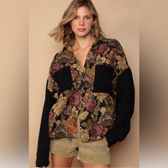 POL Black Tan Jacquard Floral Printed Shacket Shirt Jacket Size Large NEW